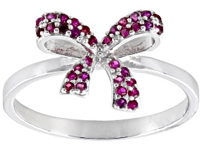 Pre-Owned Red Lab Created Ruby Rhodium Over Sterling Silver "Bow" Ring 0.23ctw
