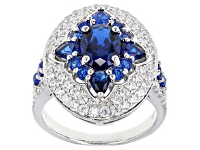 Pre-Owned Blue And White Cubic Zirconia Rhodium Over Sterling Silver Ring 4.07ctw