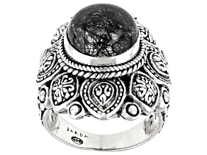 Pre-Owned Black Tourmalinated Quartz Silver Tree of Life Ring