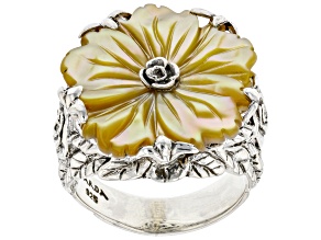 Pre-Owned Yellow Carved Mother-of-Pearl Silver Flower Ring