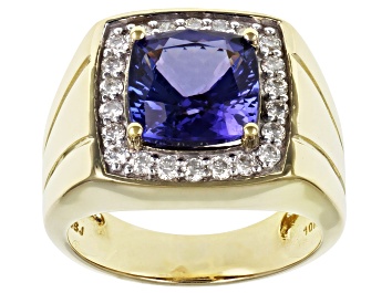 Picture of Pre-Owned Blue Tanzanite With White Diamond Men's 10k Yellow Gold Ring 4.46ctw