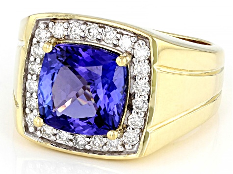 Pre-Owned Blue Tanzanite With White Diamond Men's 10k Yellow Gold Ring 4.46ctw