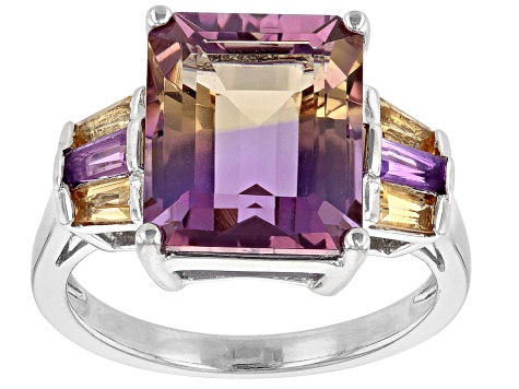 Pre-Owned Bi Color Ametrine, Amethyst And Citrine Rhodium Over Sterling Silver Ring 5.14ctw