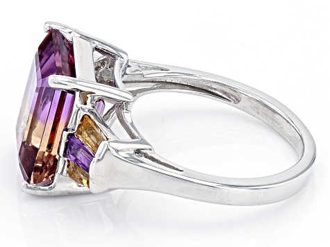 Pre-Owned Bi Color Ametrine, Amethyst And Citrine Rhodium Over Sterling Silver Ring 5.14ctw