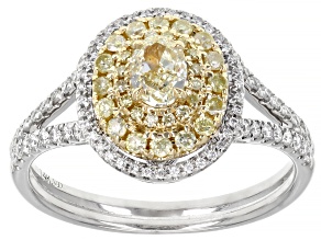 Pre-Owned Natural Yellow And White Diamond 14k White Gold Halo Ring 0.85ctw