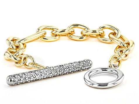 Pre-Owned Two Toned White Crystal Chain Link Toggle Bracelet - P3203