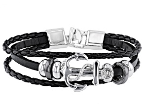Pre-Owned Black Leather And Silver Tone Anchor Mens Bracelet