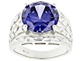 Pre-Owned Blue Cubic Zirconia Rhodium Over Sterling Silver Ring 10.32ctw