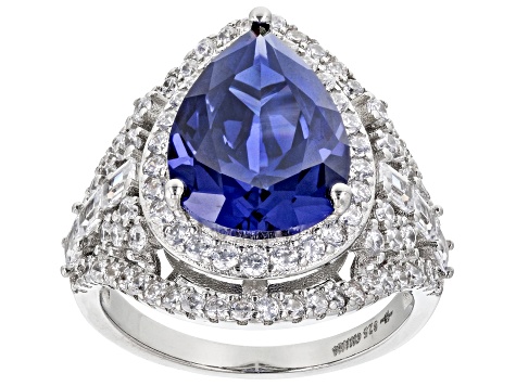 Pre-Owned Blue And White Cubic Zirconia Rhodium Over Sterling Silver Ring 10.76ctw