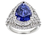 Pre-Owned Blue And White Cubic Zirconia Rhodium Over Sterling Silver Ring 10.76ctw