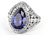 Pre-Owned Blue And White Cubic Zirconia Rhodium Over Sterling Silver Ring 10.76ctw