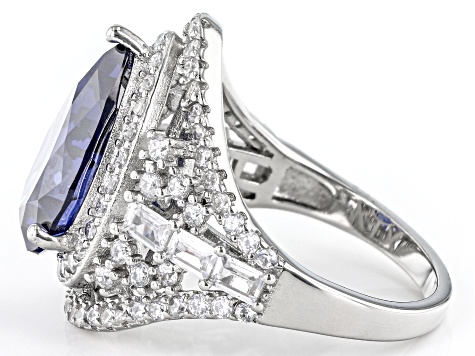 Pre-Owned Blue And White Cubic Zirconia Rhodium Over Sterling Silver Ring 10.76ctw