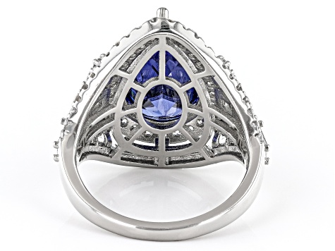 Pre-Owned Blue And White Cubic Zirconia Rhodium Over Sterling Silver Ring 10.76ctw
