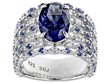 Picture of Pre-Owned Blue And White Cubic Zirconia Rhodium Over Sterling Silver Ring 7.16ctw