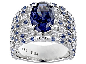 Pre-Owned Blue And White Cubic Zirconia Rhodium Over Sterling Silver Ring 7.16ctw