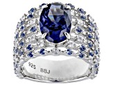 Pre-Owned Blue And White Cubic Zirconia Rhodium Over Sterling Silver Ring 7.16ctw