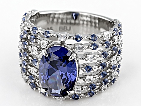 Pre-Owned Blue And White Cubic Zirconia Rhodium Over Sterling Silver Ring 7.16ctw