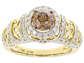 Pre-Owned Champagne And White Diamond 10K Yellow Gold Center Design Ring 1.50ctw