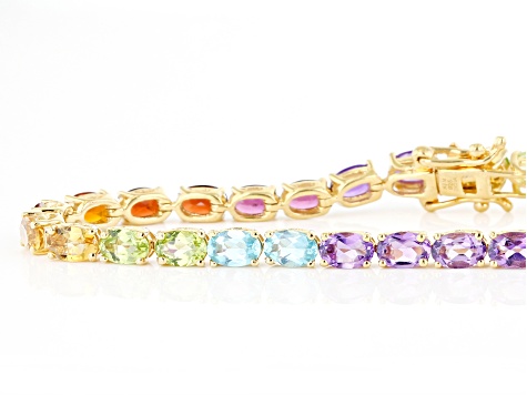 Pre-Owned Multi-Color Multi Gemstone 18K Yellow Gold Over Sterling Silver Tennis Bracelet 12.41ctw