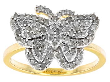 Picture of Pre-Owned White Diamond 14k Yellow Gold Over Sterling Silver Cluster Butterfly Ring 0.59ctw