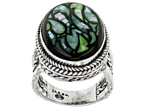 Pre-Owned Green Mosaic Mother-of-Pearl Silver Leaf Ring