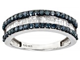 Pre-Owned Blue And White Diamond Rhodium Over Sterling Silver Multi-Row Ring 1.00ctw