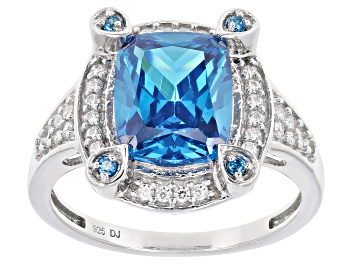 Picture of Pre-Owned Blue And White Cubic Zirconia Rhodium Over Sterling Silver Ring 5.52ctw