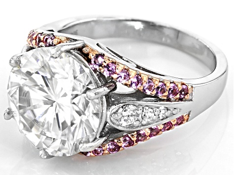 Pre-Owned Moissanite And Pink Sapphire Platineve Ring 6.33ctw DEW.