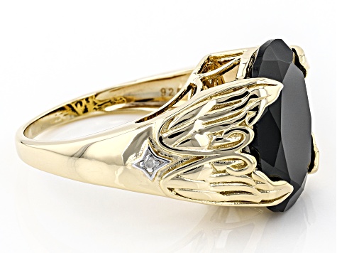 Pre-Owned Oval Black Spinel With White Diamond 18K Yellow Gold Over Sterling Silver Angel Wings Ring