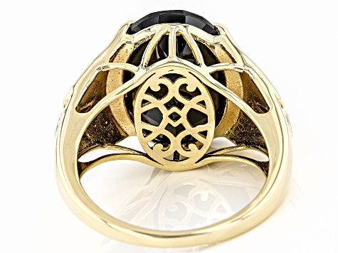 Pre-Owned Oval Black Spinel With White Diamond 18K Yellow Gold Over Sterling Silver Angel Wings Ring
