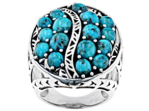 Pre-Owned Oval Turquoise Rhodium Over Sterling Silver Multi -Row Ring