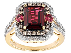 Pre-Owned Garnet & Raspberry Color Rhodolite With White & Champagne Diamond 14k Yellow Gold Ring 3.4