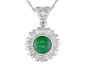 Pre-Owned Round Green Jadeite Rhodium Over Sterling Silver Flower Pendant With 18" Chain