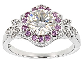 Pre-Owned Moissanite And Pink Sapphire Platineve Ring