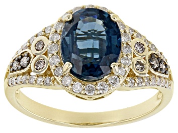 Picture of Pre-Owned Teal Kyanite With White And Champagne Diamond 14k Yellow Gold Center Design Ring 2.81ctw