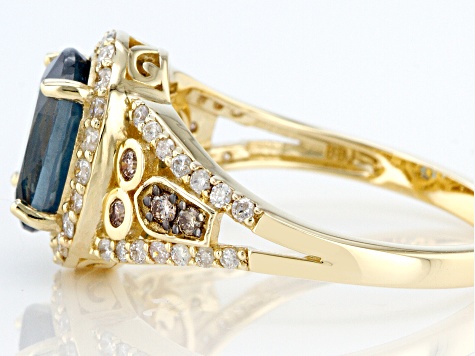 Pre-Owned Teal Kyanite With White And Champagne Diamond 14k Yellow Gold Center Design Ring 2.81ctw