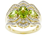 Pre-Owned Green Peridot And White Diamond 14k Yellow Gold 3-Stone Ring 2.28ctw
