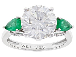 Pre-Owned Moissanite and Zambian Emerald Platineve ring 3.82ctw DEW.