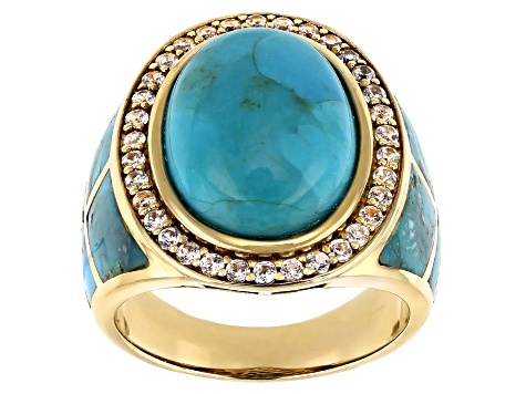 Pre-Owned Blue Turquoise 18k Yellow Gold Over Silver Inlay Ring