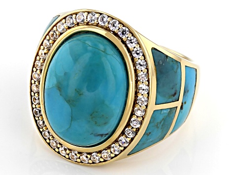 Pre-Owned Blue Turquoise 18k Yellow Gold Over Silver Inlay Ring