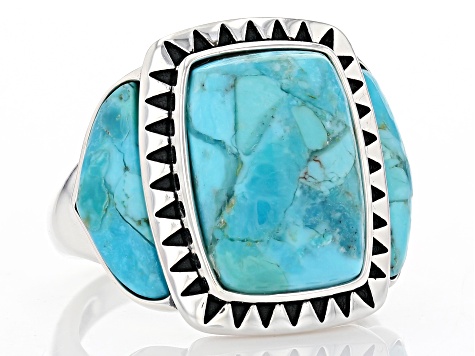 Pre-Owned Blue Turquoise Oxidized Sterling Silver Ring