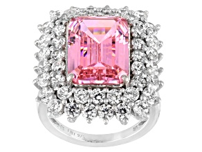Pre-Owned Pink And White Cubic Zirconia Rhodium Over Sterling Silver Ring 18.49ctw
