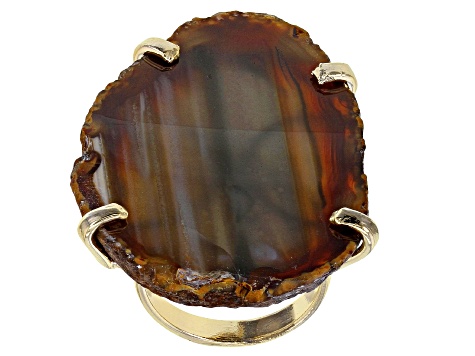 Pre-Owned Free-Form Agate Slab 18K Yellow Gold Over Brass Ring