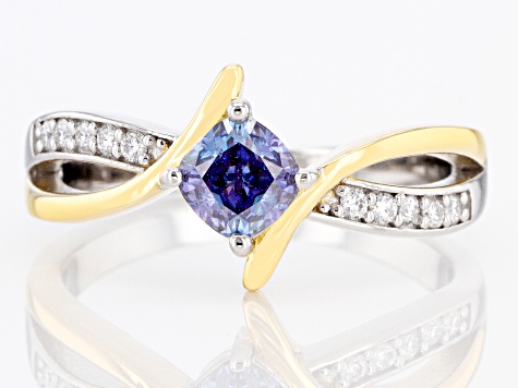 Pre-Owned Blue and Colorless Moissanite Platineve Two Tone Bypass Ring .70ctw DEW.