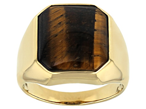 Pre-Owned Brown Tiger's Eye 18k Yellow Gold Over Sterling Silver Men's Ring 16x14mm