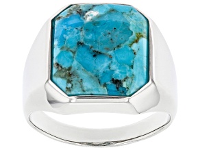 Pre-Owned Blue Turquoise Rhodium Over Sterling Silver Men's Ring 16x14mm