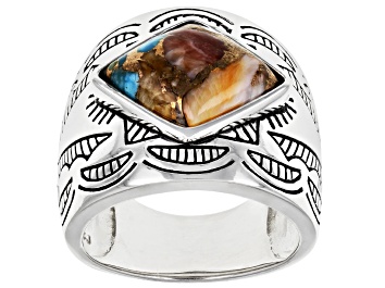 Picture of Pre-Owned Blended Turquoise and Spiny Oyster Shell Rhodium Over Sterling Silver Ring