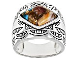 Pre-Owned Blended Turquoise and Spiny Oyster Shell Rhodium Over Sterling Silver Ring