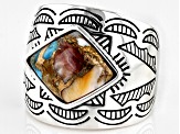 Pre-Owned Blended Turquoise and Spiny Oyster Shell Rhodium Over Sterling Silver Ring