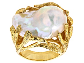 Pre-Owned White Cultured Freshwater Pearl 18k Yellow Gold Over Sterling Silver Ring